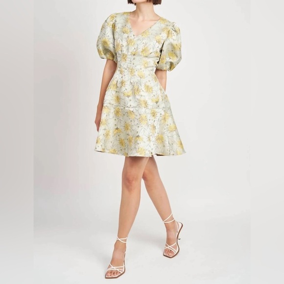 En Saison Norah Jacquard Mini Dress in Sage Lemon Size Small NWT - Picture 1 of 8